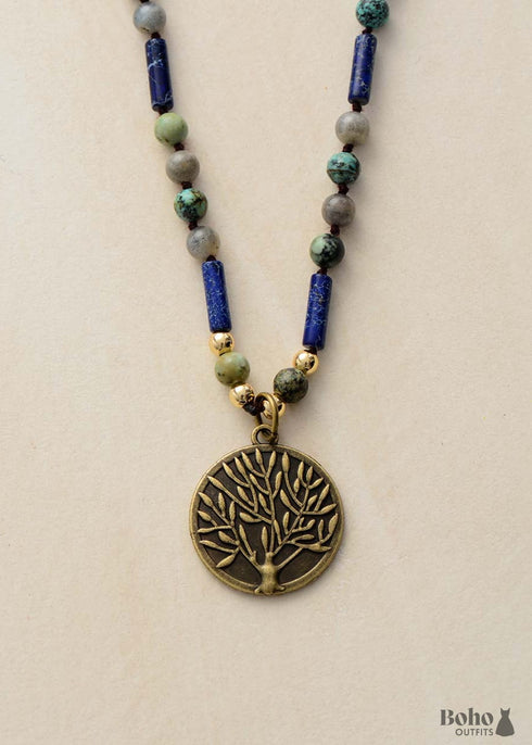 Boho Necklace, BlueLabradorite, Jasper and Turquoise, Tree of Life